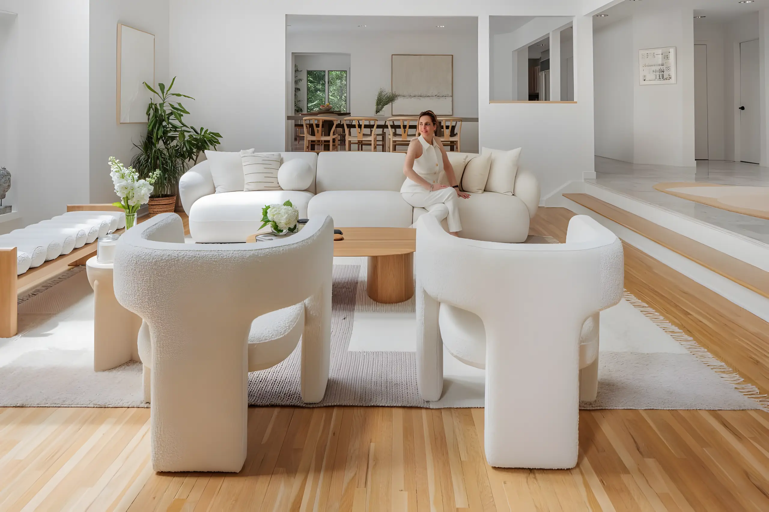 Corner of the living room with white bouclé chairs and a view to the dining room