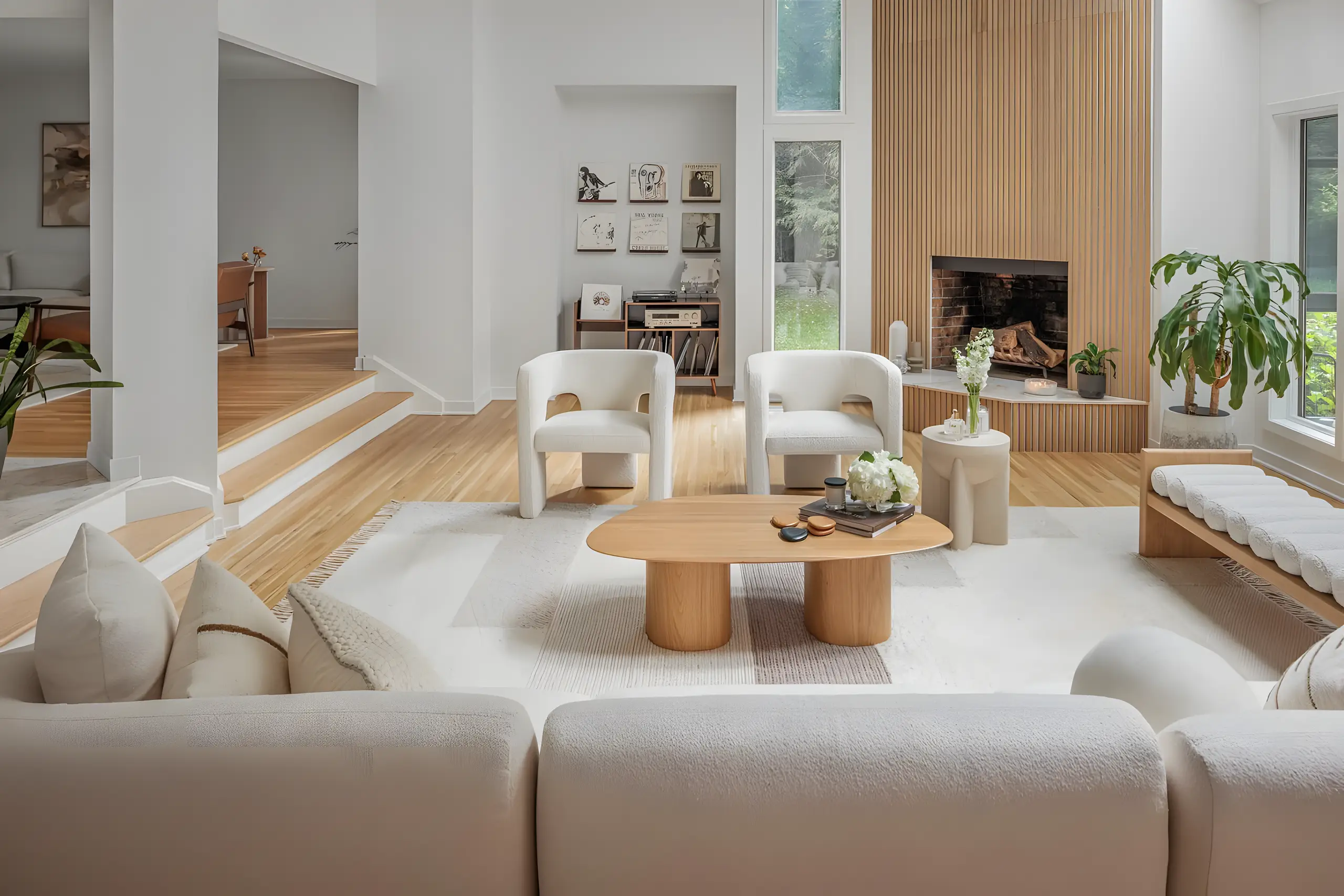 Living room with bouclé armchairs, a low oak table and a fluted oak fireplace wall