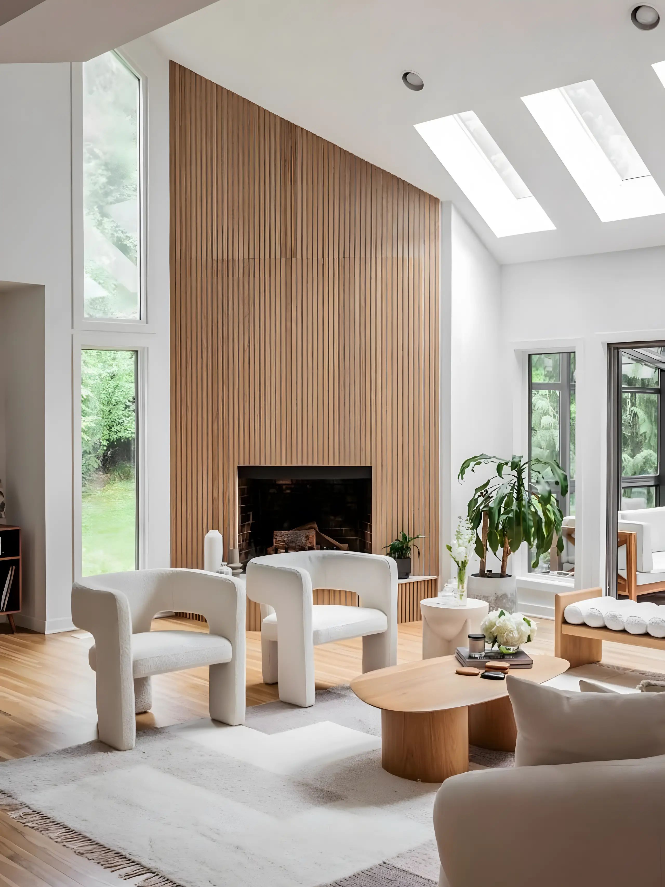 Fluted oak fireplace wall and bouclé chairs under a tall window